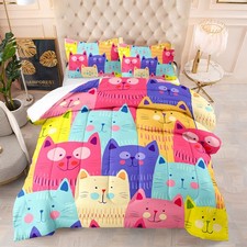 Kids Cute Cat Comforter Set Cartoon Pet Cats Bedding Set 3Pcs Twin Size for B...