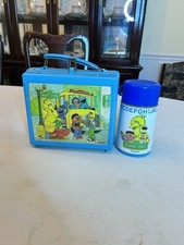 SESAME STREET Vintage 1980's Plastic Lunchbox  Thermos Blue Muppets Big Bird