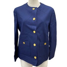 Gucci Navy Linen-Blend Collarless Jacket Gold Buttons Size 40 Used