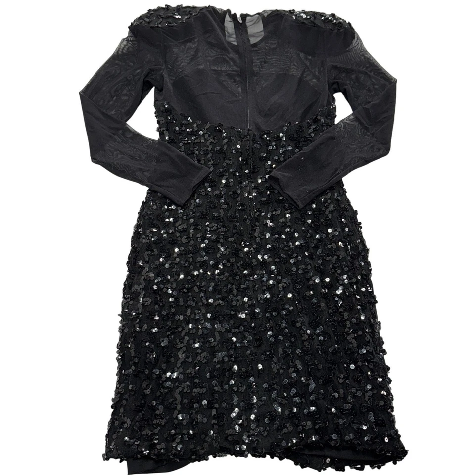 Vestido Betsy & Adam Mujer Pequeño Negro Malla Transparente Lentejuelas Manga Larga Cóctel EE. UU. Foto 2 de 4
