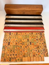 ANTIQUE MAHJONG SET 142 Bamboo Tiles, 4 Tile Holders, Wood Keuffel & Esser Box