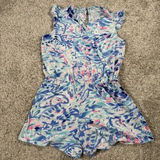 Lilly Pulitzer Romper Girls 12-14 Multicolor Floral Cotton Elastic Waist V Neck