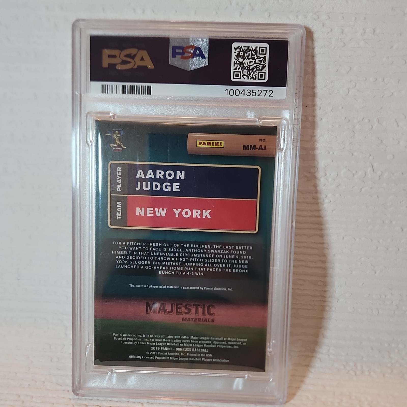Panini Donruss 2019 Aaron Judge Majestic Materials MEM #MM-AJ PSA 8 Yankees view 2