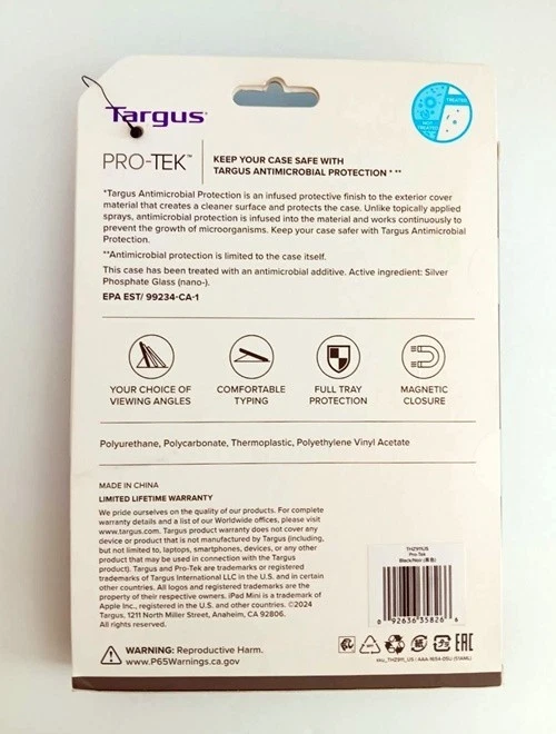New Targus Pro-Tek For IPad Mini 6 Case Black THZ911US Antimicrobial Protection - Image 2 of 3