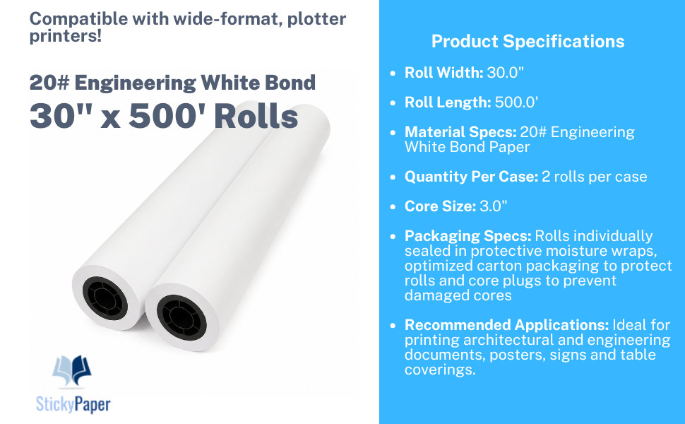 (2 rolls) 30" x 500'-20# White Bond Engineering Rolls for Wide Format Plotters