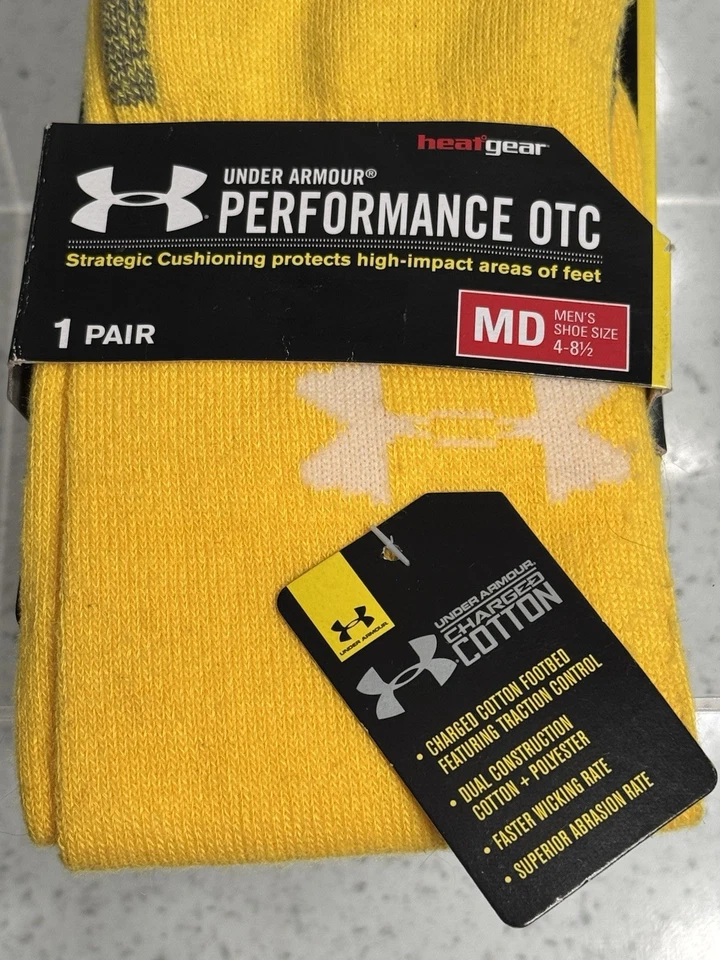 Meias masculinas amarelas Under Armour UA Performance OTC novo tamanho 4-8.5 - Imagem 2 de 4