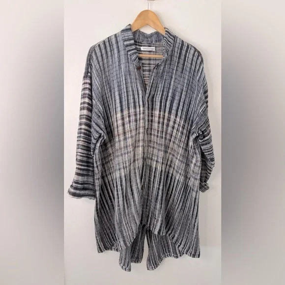 Yasuko Kurisaka Hand Woven Button Front HiLow Jacket Striped Multi LagenLook EUC