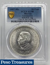 1957 Mexico 10 Pesos 90% Silver Coin – PCGS AU58 Constitution Commemorative
