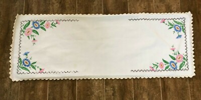 Vintage Dresser Scarf Embroidered Runner Handmade Floral Linen 40