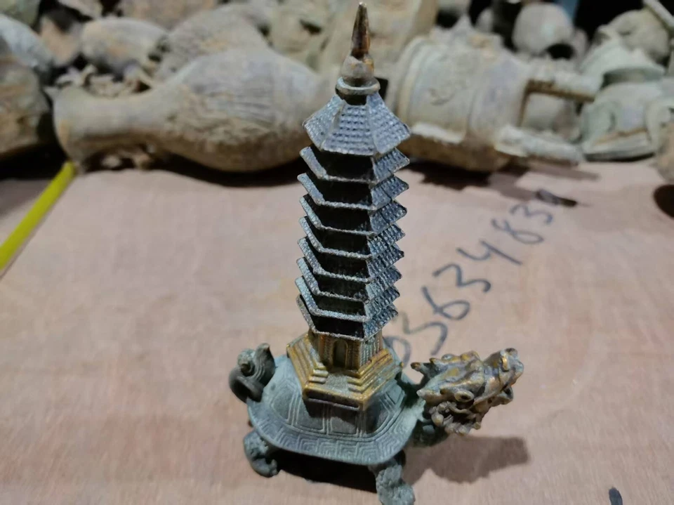 China Come From FOLK Collection Copper Gilded Dragon Turtle Towing Tower - Image 3 of 4