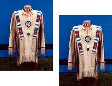Old American Handmade Beige Buckskin Suede Beaded Powwow Regalia War Shirt N95