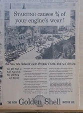 1936 newspaper ad for Shell - town scene, Golden Shell Motor Oil, reduces wear