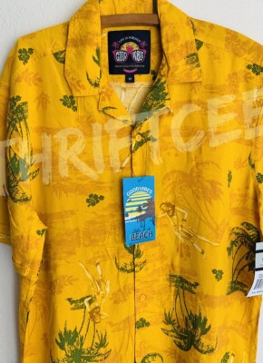 NWT M Gold Hula Girl Summer Vibes Hawaiian Button Shirt Tropical Aloha Palm Tree