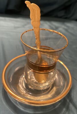 Pasabahce Turkish Tea Glass Set Gold Trim Turkey Cup Saucer Spoon