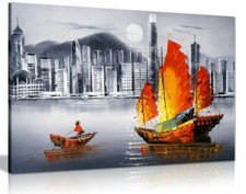 Hong Kong Harbour Boat Oil Painting Canvas Wall Art Picture Print