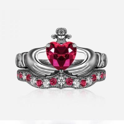 925 Sterling Silver Irish Claddagh Ring Wedding Ring With Lovely Red Heart CZ  