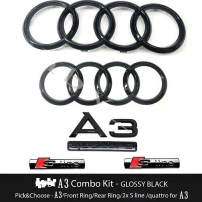 For Audi A3 Emblem Gloss Black Rings Rear Quattro Sline Combo Set OE 2000-2019
