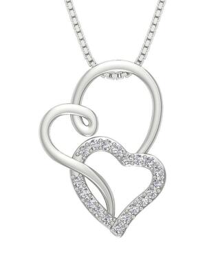 Double Heart Pendant Necklace I1 G 0.35 Ct Round Cut Diamond 14K Gold 18'' Chain