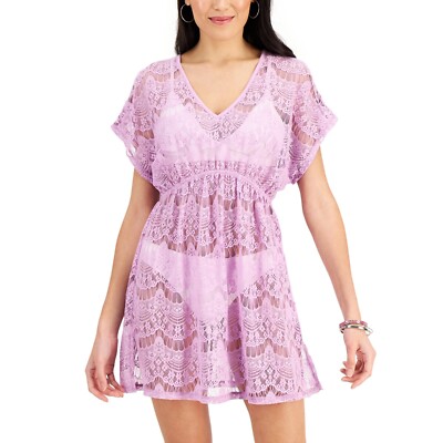 Miken Junior's Lace Cold Shoulder Swim Cover Up Swimsuit Purple Size Medium