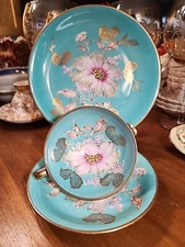 Rare Turquoise RRW KPM Bavaria Trio Porcelain Cup Saucer And Plate Germany