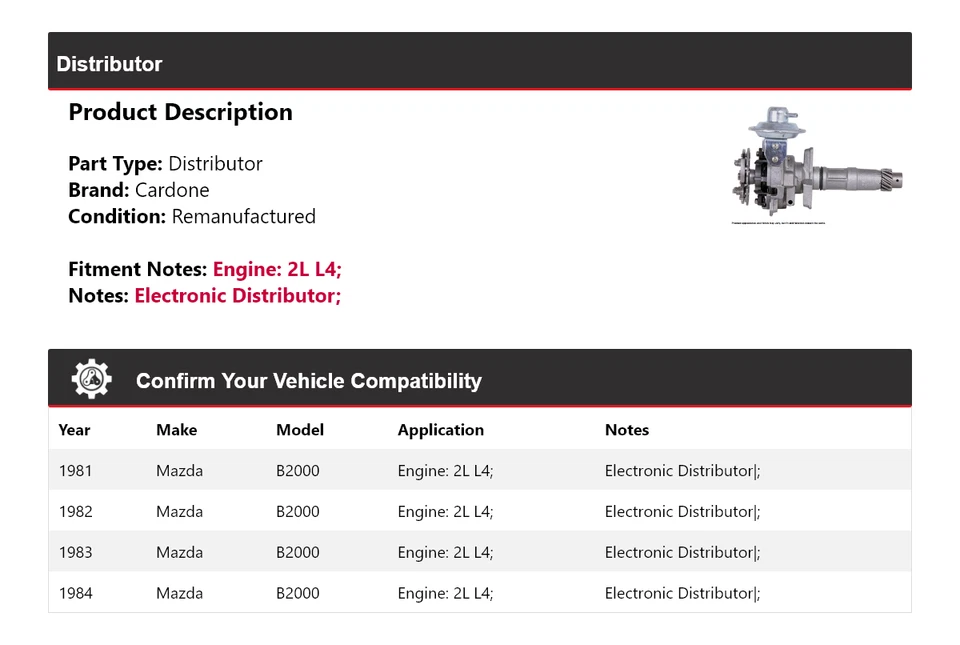 Para Mazda B2000 1981-1984 2L L4 Distribuidor Cardone 1982 1983 Foto 2 de 4