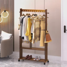 XL Movable Solid Wood Clothes Rack Clothing Rack with Shelf & Hook Garment Stand