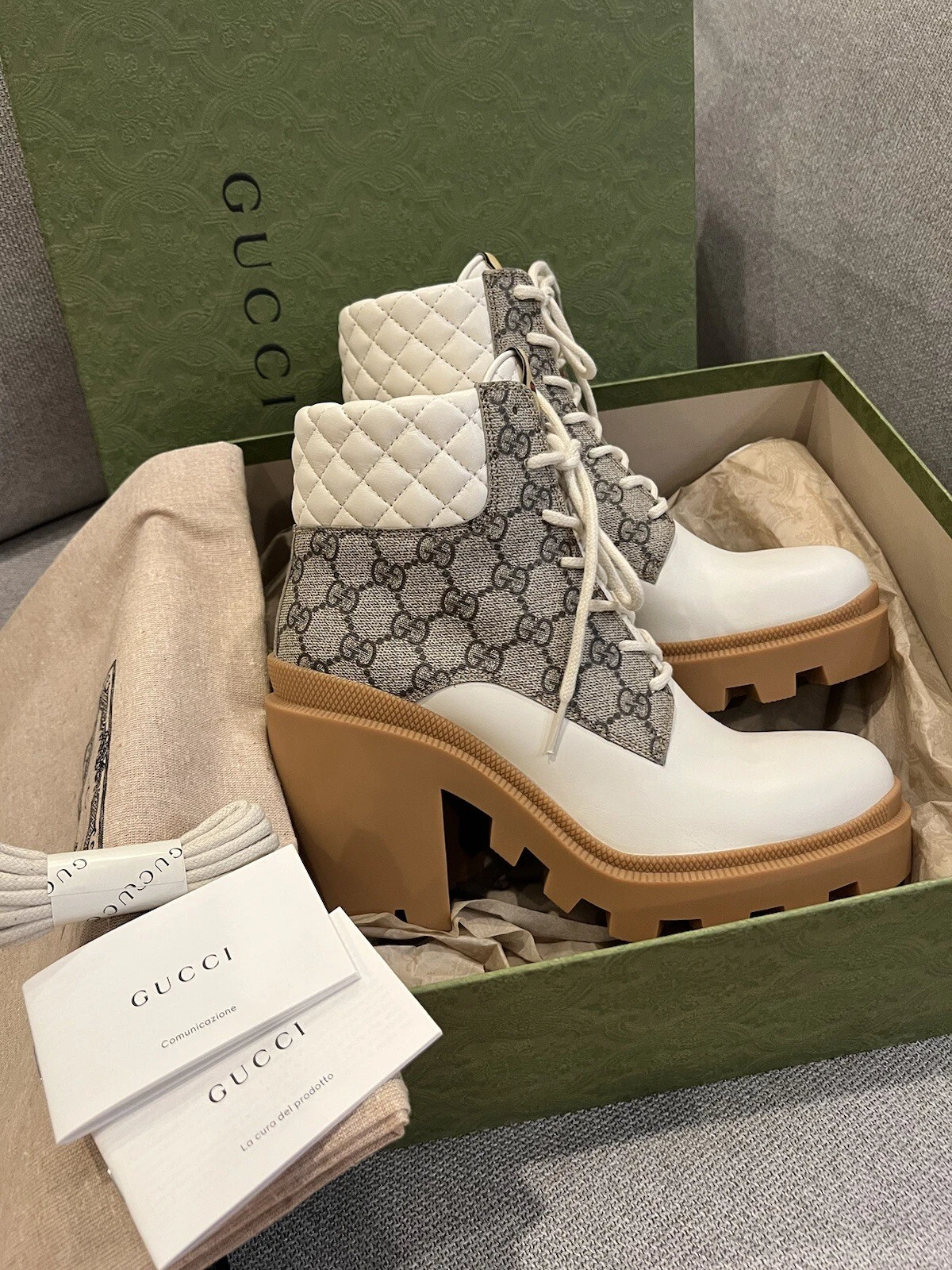 Bottes Gucci femme GG Supreme cuir beige 8 US (os) neuves dans leur boîte