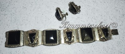 1940's-50 Gold Obsidian & Sterling Silver Aztec/Myan Carved  Bracelet & Earrings