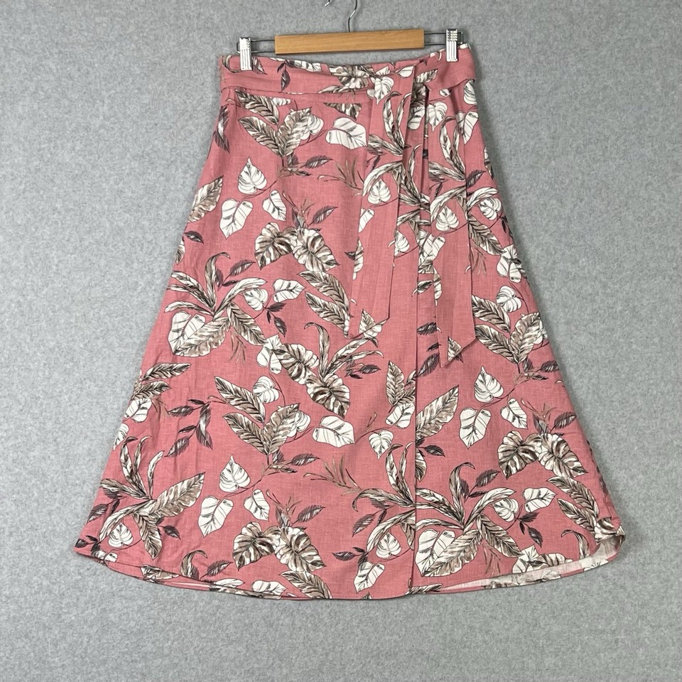 Sussan Wrap Skirt Womens 10 S Pink Floral Tropical Linen Blend Midi Summer Boho
