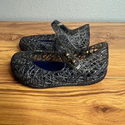 Mini Melissa Campana Jelly Flats Baby Sz 6 Black Glitter Mary Jane Shoes