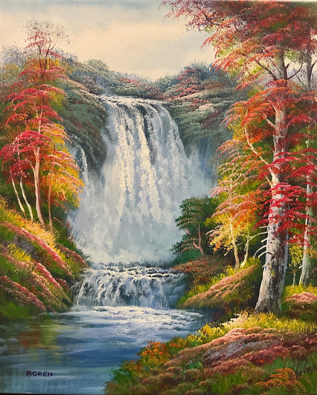 Oil Painting 20x24” Colorful landscape with tall waterfall, autumn tree forest