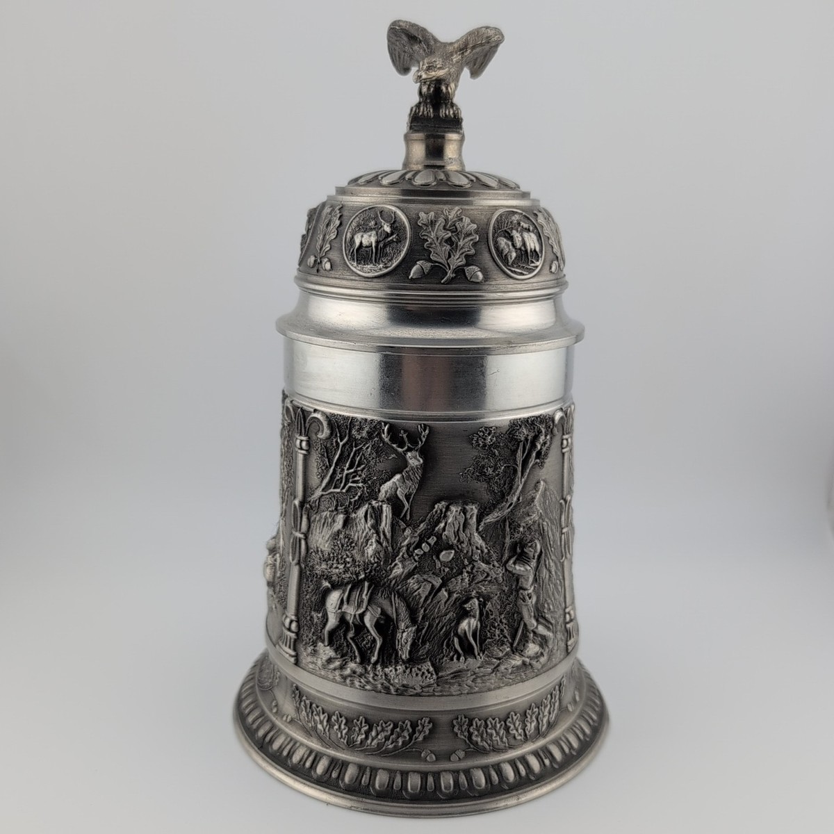 Stunning Vintage SKS Zinn 95% Pewter Beer Stein The Hunter Scene