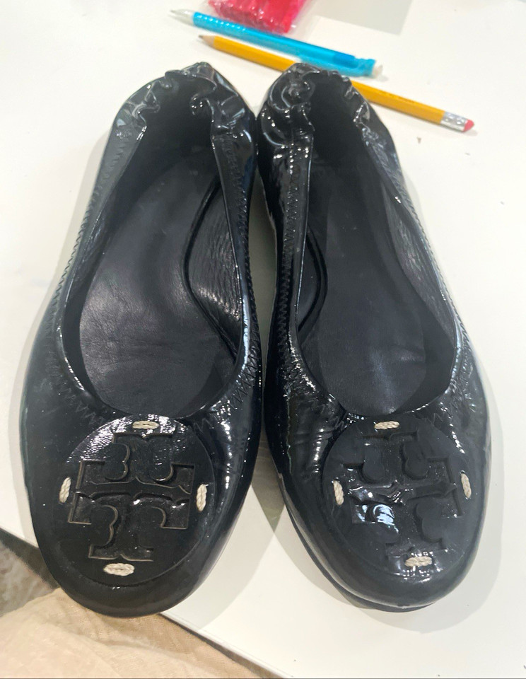 Tory Burch Women’s Black Leather Ballet Flats Slip-On Round Toe Logo Sz 8