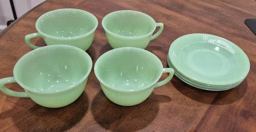 Four Vintage Fire King Jane Ray Ribbed Green Jadeite Tea Cups & Saucers, 1 Free