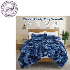 3 Pieces Fluffy Faux Rabbit Fur Comforter Set for Winter Size Queen - Navy