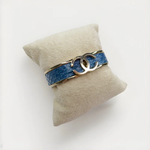 Vintage Gold Tone Blue Snakeskin Chanel Interlocked CC 70s Bangle Cuff Bracelet