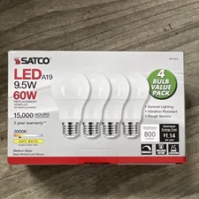 SATCO LED A19 9.5W 800 Lumens 3000K Soft White Medium Base Bulbs 4 Pack