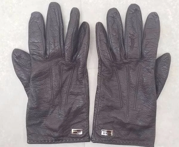 FENDI Five Finger Short Leather Gloves FF Logo Silk Brown Size 7 1/2 Authentic