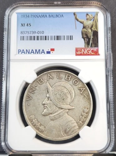 1934 PANAMA SILVER 1 BALBOA VASCO NUNEZ DE BALBOA NGC XF 45 SCARCE NICE COIN