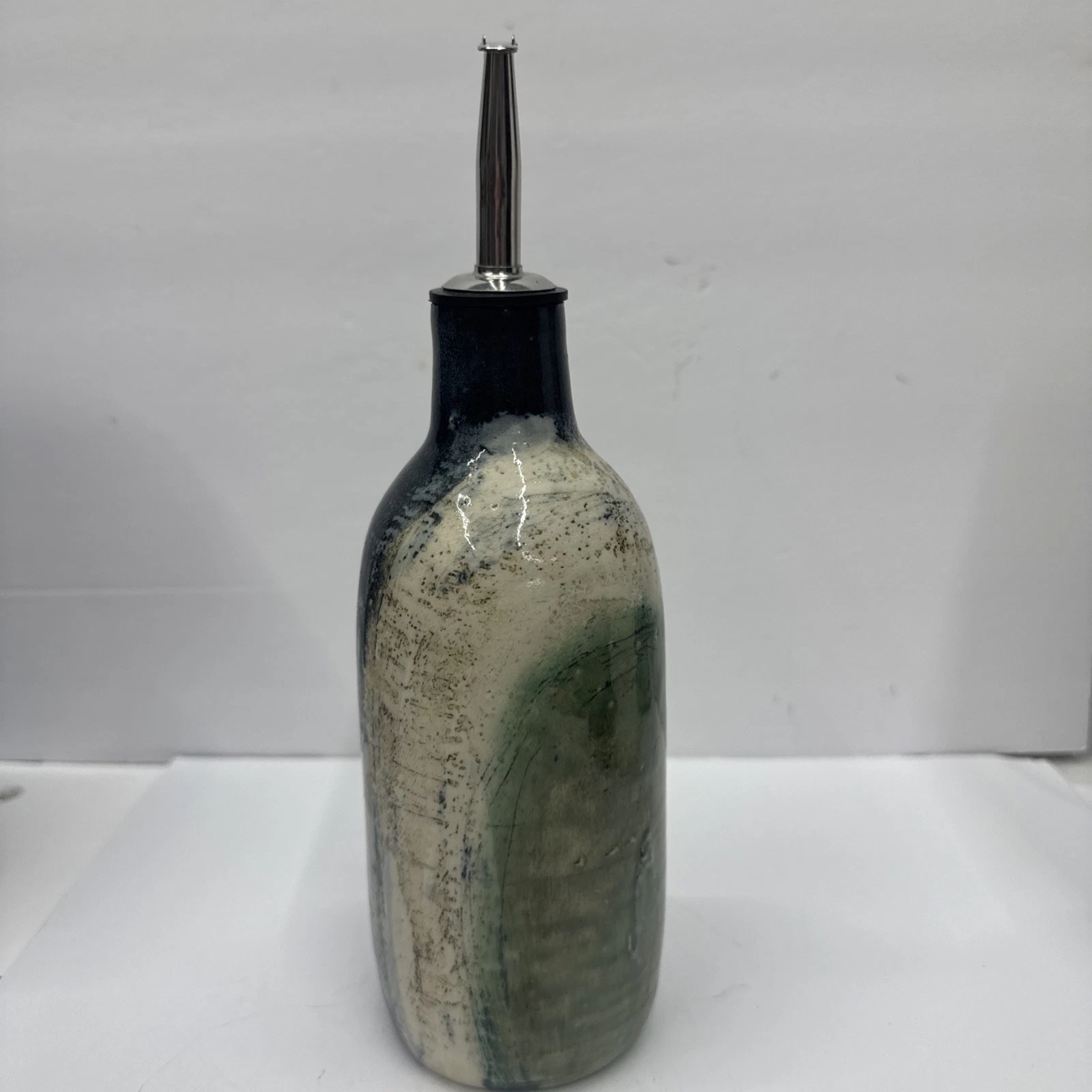 Landlines Oil Pourer with Metal Spout Stoneware signed 9” blues greens