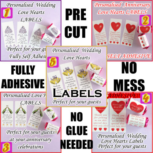 Personalised Lovehearts Labels SELF ADHESIVE for Weddings Anniversaries PRE CUT - Picture 1 of 6
