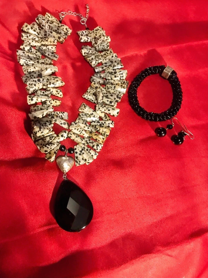 Conjunto de collar de piedra de jaspe dálmata, colgante de ónix, pulsera, pendientes Foto 4 de 4