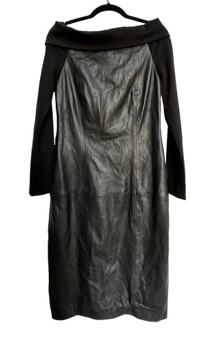 Bod & Christensen Leather Midi Dress 8 Black Off The Shoulder Body Con Sleek - Picture 10 of 19