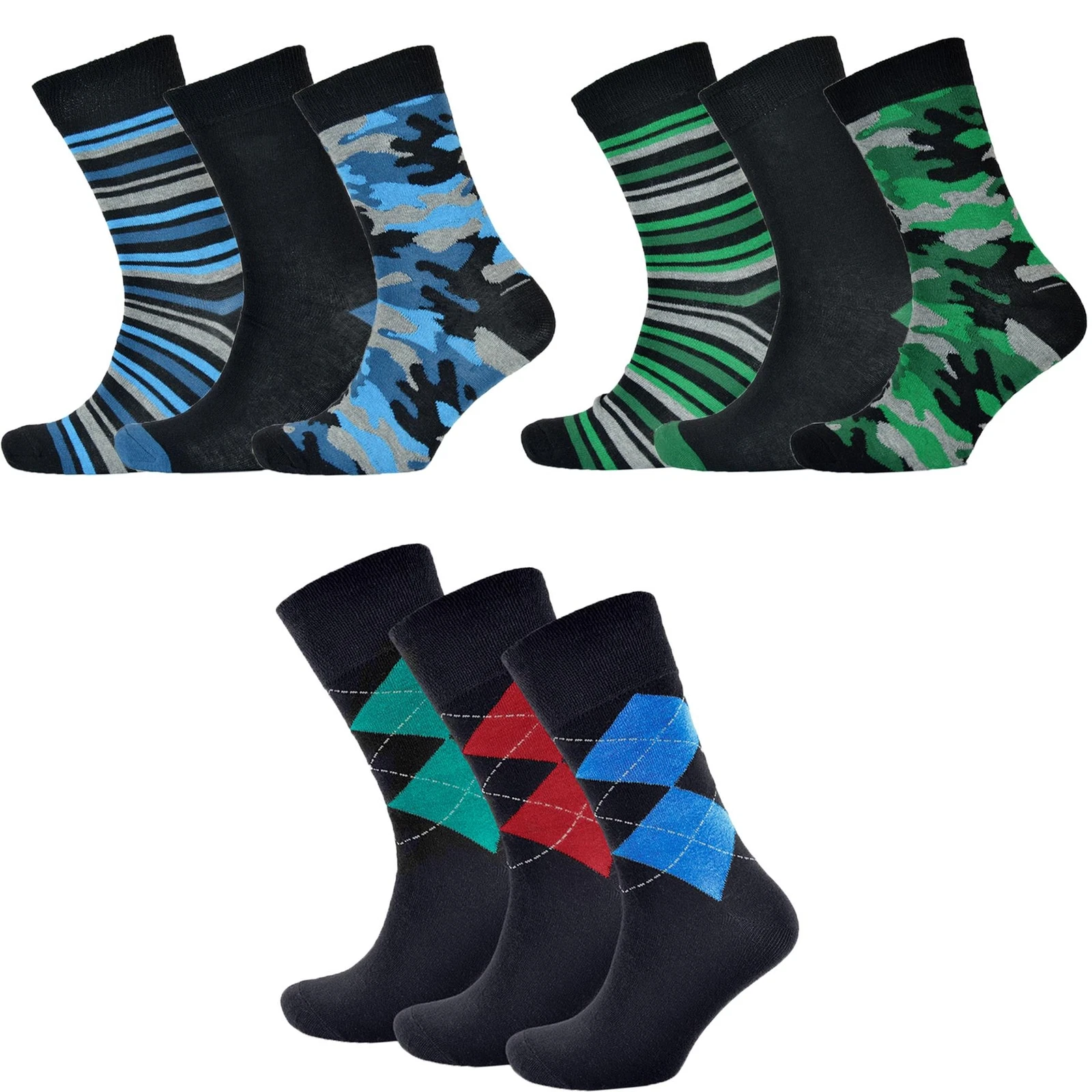 A2Z Mens Camo And Argyle Pack of 3 Contrast Design Comfortable Soft Socks