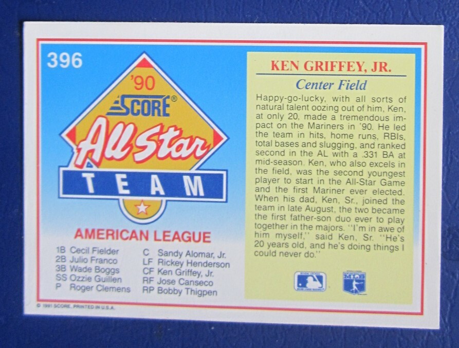 MLB 試合級　1990 オールスターツアー　サインボール　メジャー代表WBC記 1990 Score Ken Griffey Jr All Star (Seattle Mariners) #396 HOF