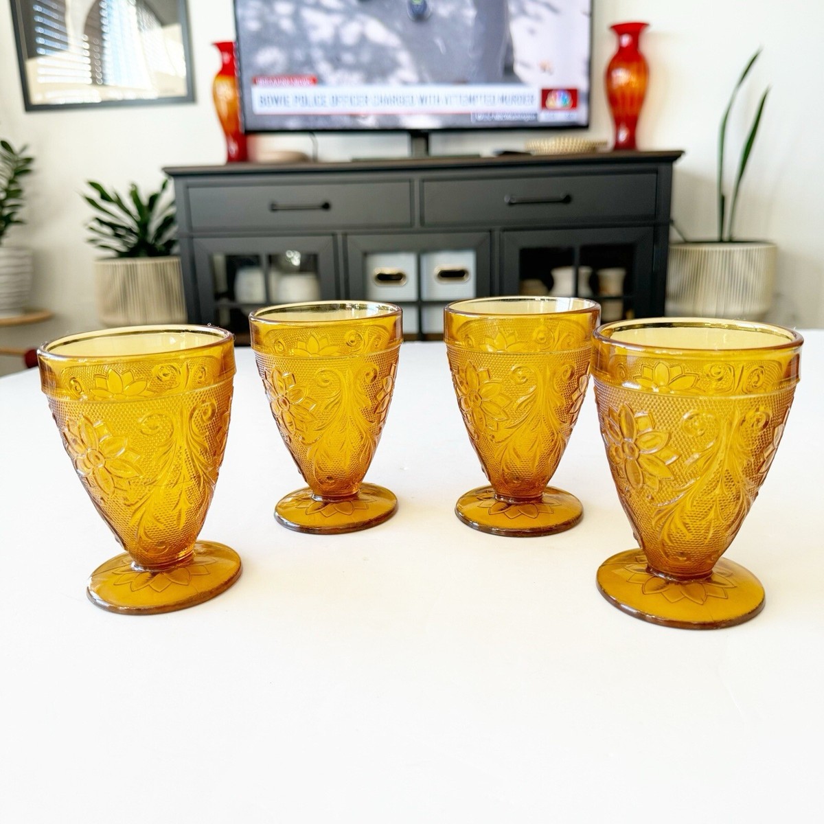 Indiana Glass Tiara Amber Sandwich Glass Pattern Footed Glasses