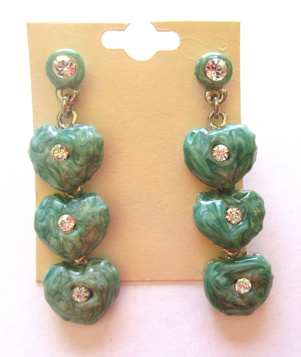 Fashion Earrings- 3 hearts- clear stones- light green -post back | eBay