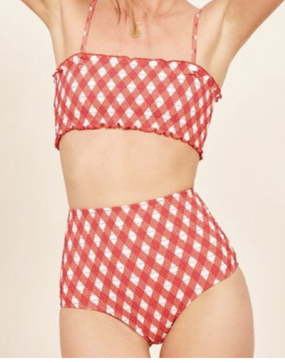 Reformation Red Gingham Smocked High Waisted Bikini Pant
