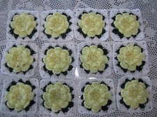   12-5" CROCHETED RAISED FLOWER GRANNY SQUARES 4 AFGHAN, AFGHANS LIGHT YELLOW