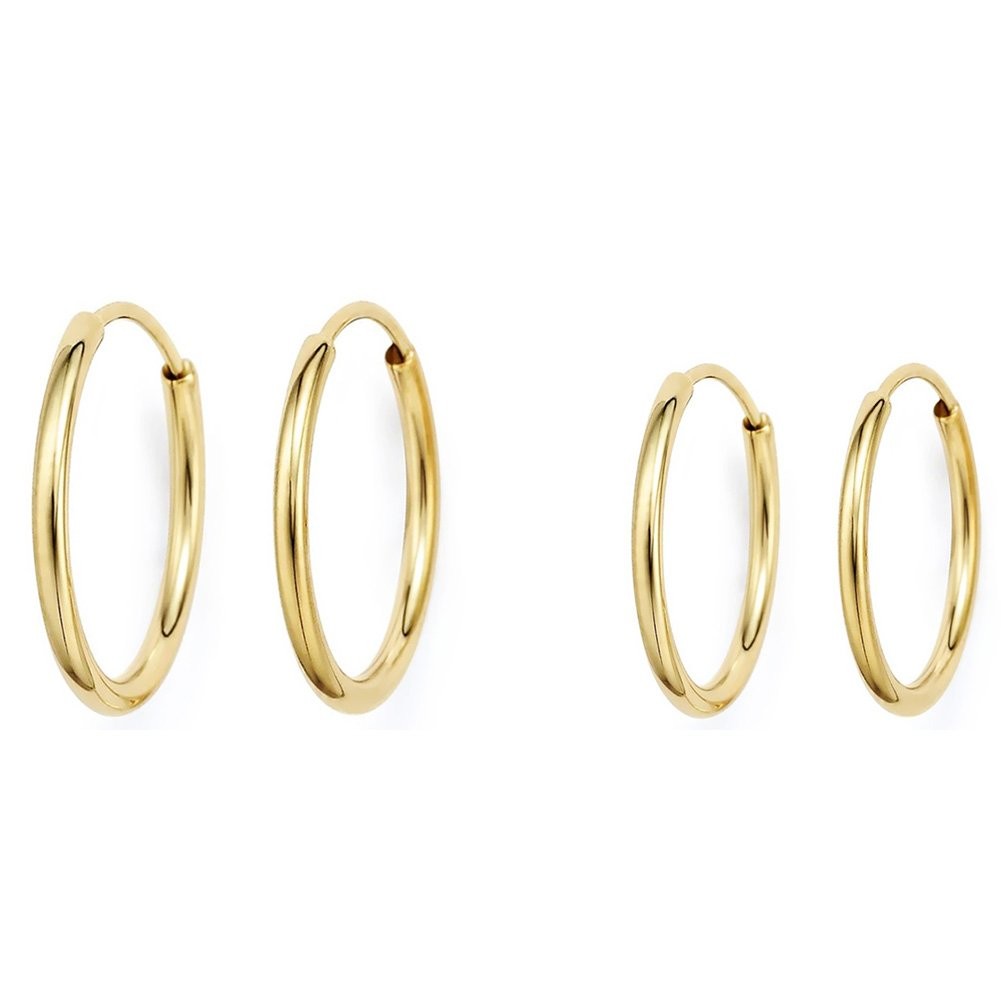 14k Gold Thin Endless Hoop Earrings Set 10mm & 12mm Small Size Pairs  